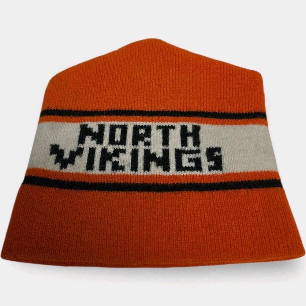 Vintage Ski Stocking Hat Cap NORTH‎ VICKINGS Orange White Double Sided Thick